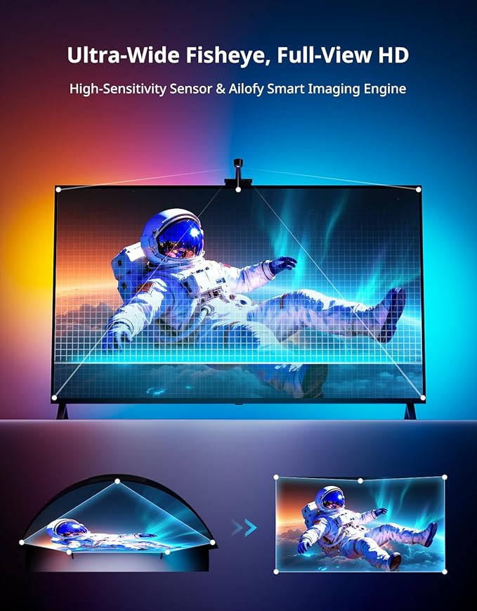 Ailofy TV Backlight with Camera, Color Changing 7.87ft LED Strip Lights Behind the Monitor, Full-Screen Sync to 40-50 inch TVs for Movie, Game&Music, Work with Alexa&Google Assistant, App Control