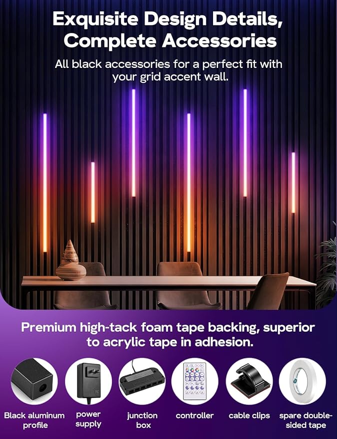 DIY RGB+IC LED Recessed Lighting Kit for Wall Panels, 6pcs Adhesive Wall Strip Lights for Wall Accent Acoustic Panels, WiFi Smart Color Chasing Wood Slat LED Lights with Alexa & WiFi APP Control