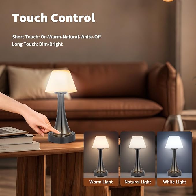 Waterproof Rechargeable Table Lamp for Shower & Outdoor, Cordless Touch Dimmable Nightstand Lamp with 3 Light Colors, Portable LED Light for Bedroom, Patio, Camping & Bar (Bright Chromium)