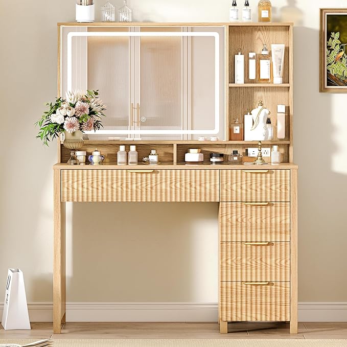 Makeup Vanity Desk with Mirror and Lights, 43.3'' Glass Tabletop Vanity Table with 5 Drawers & Shelves,Big Vanity Set for Bedroom, Oak