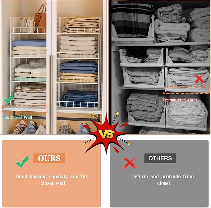 Yociyoga 4 Tier Stackable Closet Organizers and Storage Shelves, Foldable Closet Shelf Organizer System, Stackable Storage Bins Drawers for Clothes Organizer System, White(Patent Pending)