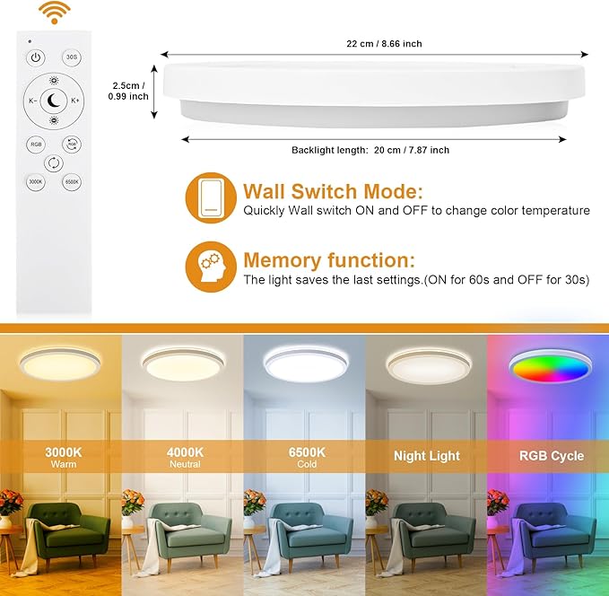 LEZOE RGB LED Ceiling Light Dimmable with Remote Control, 18W 1800lm Color Changing Light Flush Mount Fixture, 8.6 Inch 3000K-6500K Ceiling Lamp for Bedroom Kitchen Hallway Party Living Room