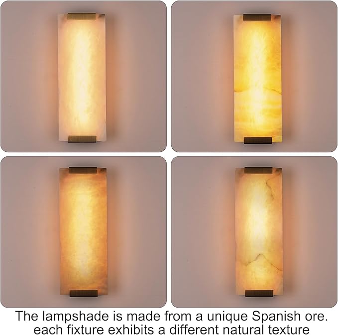 14.2in Alabaster Wall Sconces, Large Natural Marble Wall Sconces Set of Two, LED Modern Wall Lamp for Bedroom, Stairs, Living Room, Vanity, Bedside, Hallway （Brushed Bronze 12W）