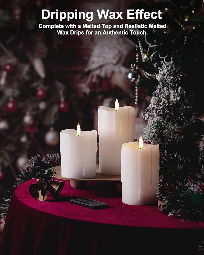 White Flameless Candles with Remote and Timer, Real Wax Made Wax Drip LED Pillar Candles Battery Operated with 3D Flickering Flame Melted Top - 3" x 4",5",6" - Set of 3