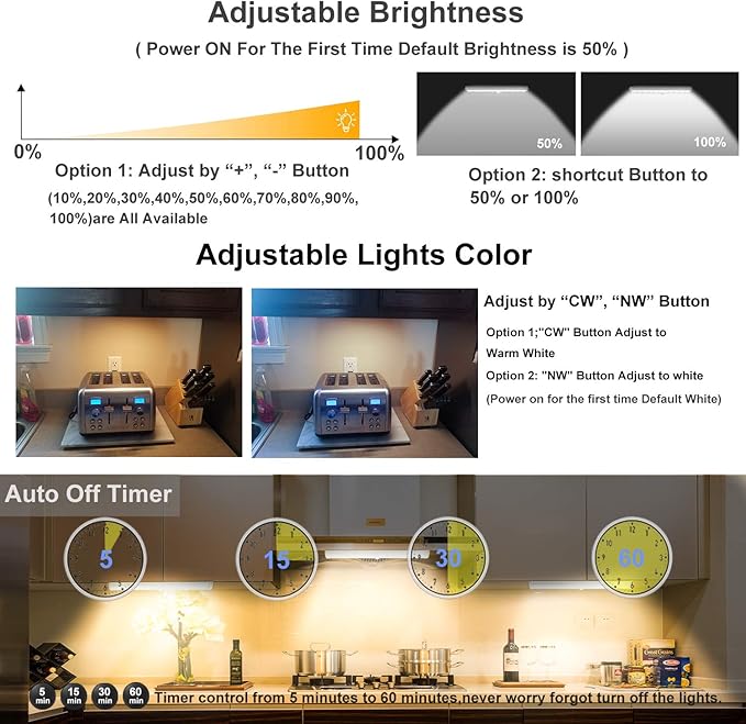LDOPTO Under Cabinet Lights Wireless 4 Pack, Rechargeable Battery Operated Lights with Remote, Dimmable Led Closet Lights, Under Counter Lights Stick-on Touch Night Light for Kitchen, 3 Colors