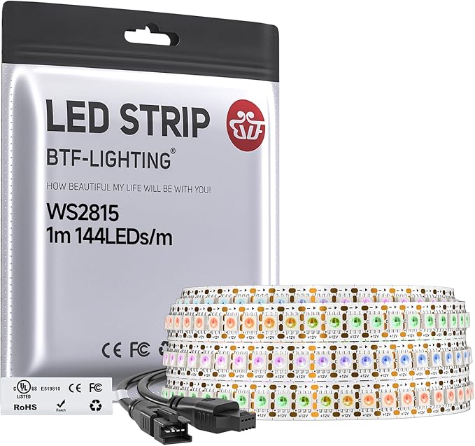 BTF-LIGHTING WS2815 (Upgraded WS2812B) LED Strip Light,UL Listed,3.2FT 144 LED/Pixels,Flexible Chasing RGB,Dual Signal Individually Addressable,5050SMD,3M Tape,DC12V IP30(No Adapter or Controller)