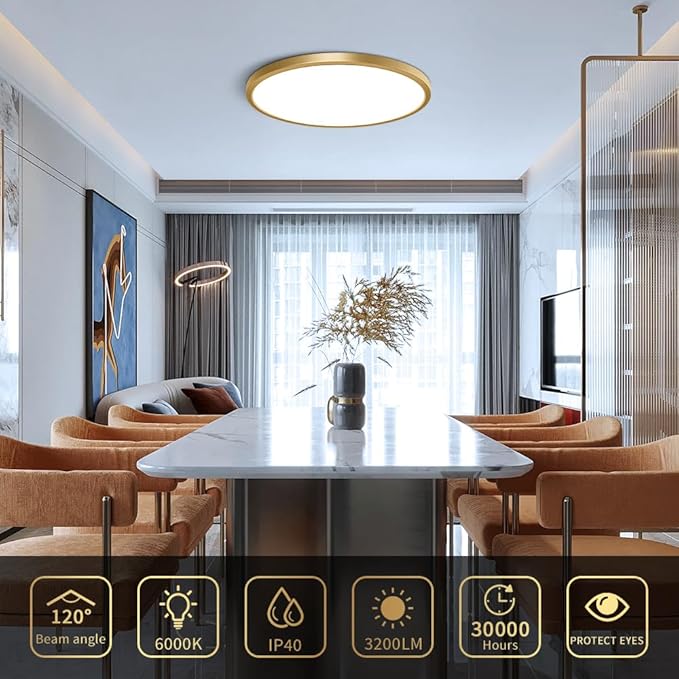 12 Inch Gold LED Ceiling Light, 6000K Cold White, 24W Gold Flush Mount Ceiling Light, 3200LM Round Flat Ceiling Lights for Bedroom, Living Room, Dining Room, Stairwells
