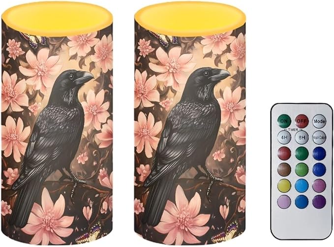 Crow Flameless Candles 2 Pack 6 x 3 inch Battery Operated Candles with Multicolor Timer Remote Control LED Fake Candles for Warm Light Dinner Table Home Decor