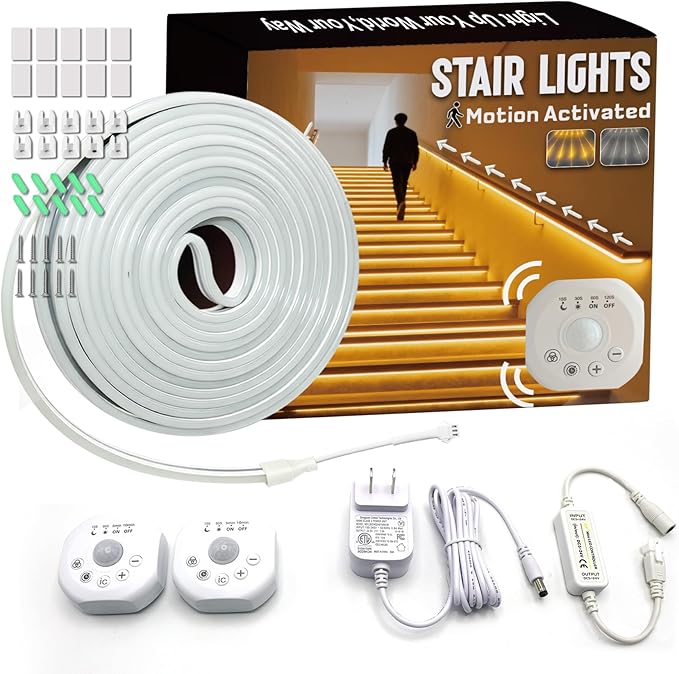 Motion Sensor LED Strip Lights - Chasing Effect Auto ON/Off for Stairs, Bedroom, Under Cabinet - 32.8ft White, Easy Peel & Stick Install
