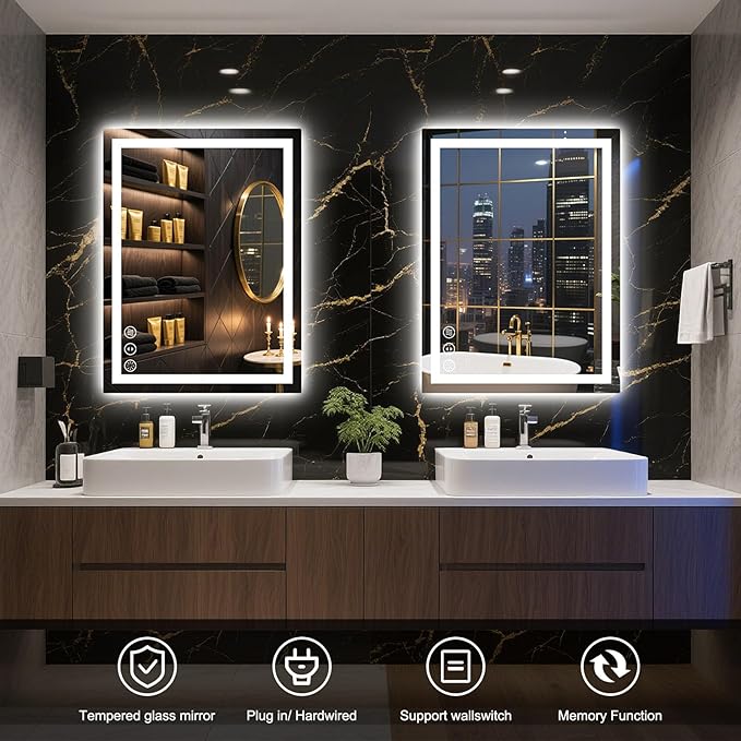 20x28 LED Bathroom Mirror with Lights, Anti Fog Vanity Mirror Wall Mounted, Dimmable Front Light and Backlight, Memory Function Tempered Glass Shatter Proof ETL Listed