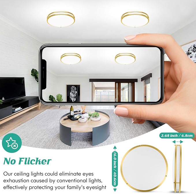 16 Inch LED Flush Mount Ceiling Light Fixture, Dimmable 5CCT Selectable 2700K Warm White-6500K Super Bright Daylight White, 50W 6000LM Round Gold Ceiling Lamps for Living Room Bedroom Kitchen, 2 Packs