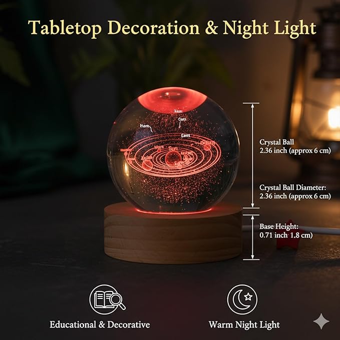 3D Crystal Ball Night Light, Galaxy Lamp Sphere Orb with 7 Color LED on Wooden Base, Glass Globe Lamp for Bedroom Decor, Celestial Cosmic Crystal Light, Birthday Gift for Teens Boys Girls (Saturn)