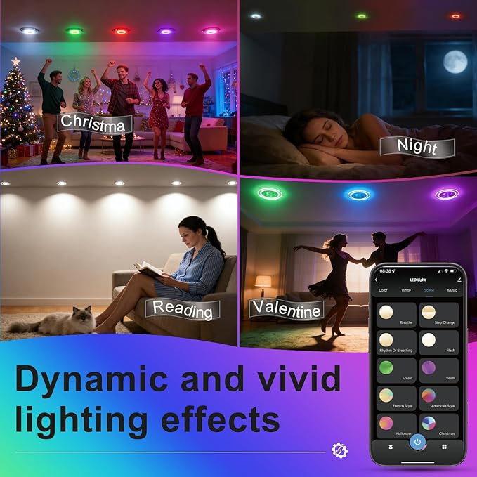 Lightdot 6 Inch Smart Recessed Lighting, 36° Spotlight + RGB Halo Ring, Dual-Zone Control, Full Metal RGBWW Color Changing LED Canless Downlight with Junction Box, Remote&App, 100-277V, 6Pack-ETL