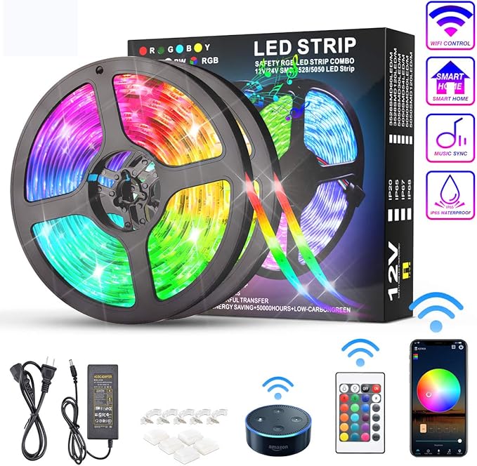 KATUR LED Strip Lights 32.8ft, Works with Alexa Google Assistant IP65 Waterproof 300 LEDs 5050 RGB, 16 Million Colors, Smart WiFi APP and 24 Keys Controller Control, Music Timed Dimmable Strip Lights
