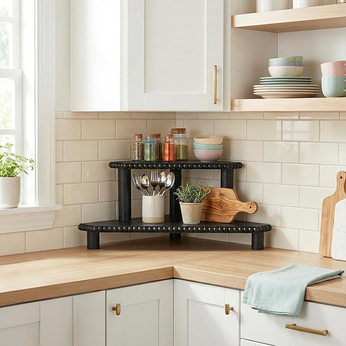 2-Tier Rustic Corner Shelf for Kitchen Counter,Wood Beaded Farmhouse Countertop Organizer with Removable Feet, Stackable Bathroom Vanity & Coffee Bar Decorative Riser Stand(Rustic Black)