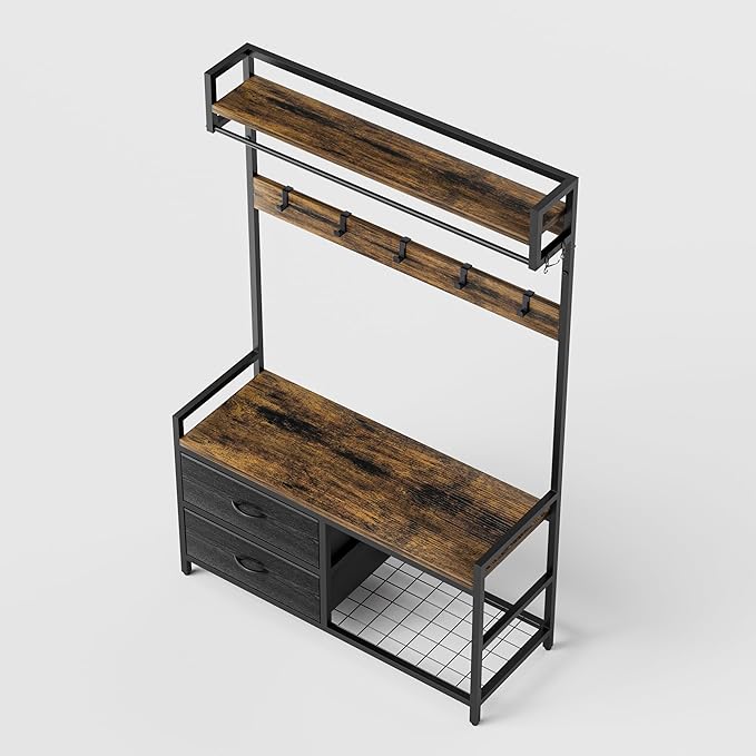 Entryway Halltree Organizer Bench Rack System Featuring Two Slide Drawers, Triple Shoe Tiers, Upper Guarded Shelf, Hanging Rod, TwentyThree Hooks, Adjustable Feet, AntiTip Hardware, Rustic Style