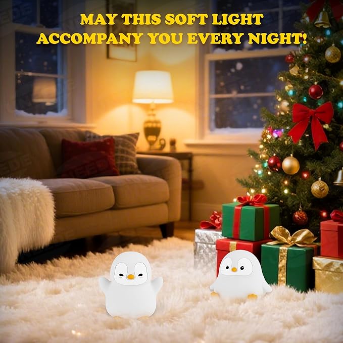 UNEEDE Sitting Penguin Night Light Silicone Touch Lamp, USB Rechargeable, Dimmable Nursery Light & Decoration, Squishy Night Light Cute Animal Lamp