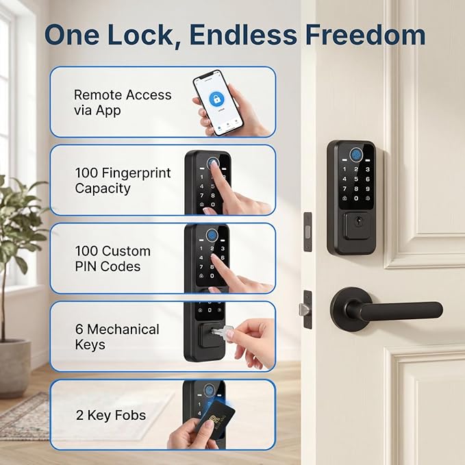 Smart Door Lock with Built-in WiFi - Keyless Entry Door Lock for Front Door, Fingerprint Door Lock with App Control, 5-in-1 Touchscreen Deadbolt with 6 Keys & 2 NFC Cards, Auto Lock