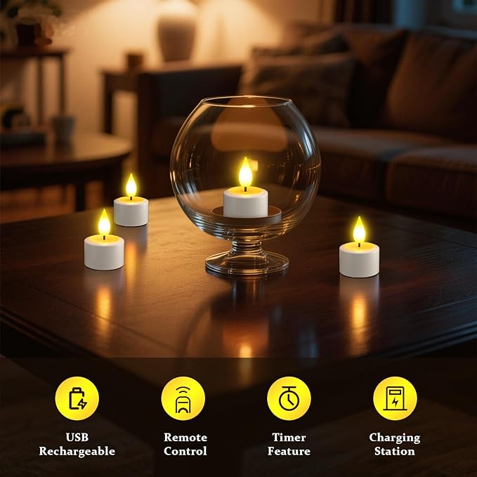 SoulBay Rechargeable Tea Lights Candles, 6pcs Flameless Flicker Candles with Remote Timer & Charging Base, Small Decorative Votive Candle for Lantern Pool Mantle Weddings Home Indoor Christmas