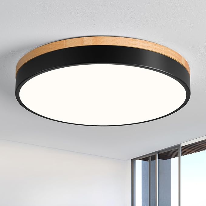 Modern LED Ceiling Light, Dimmable Wood Flush Mount Ceiling Lighting Fixture, 5CCT Round Wood Close to Ceiling Lamp for Kitchen Hallway Bathroom Office Laundry Room Entryway Nursery(Black& 15.75 in)