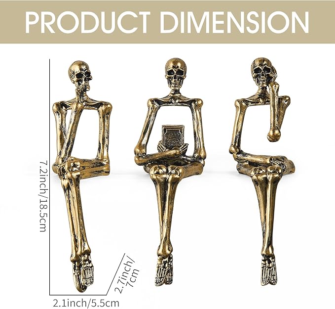 XINXUAN Halloween Decorations Skull Statue Home Decor - Modern Bookshelf & Desk Decor - 3 Piece Set (Retro - Gold)