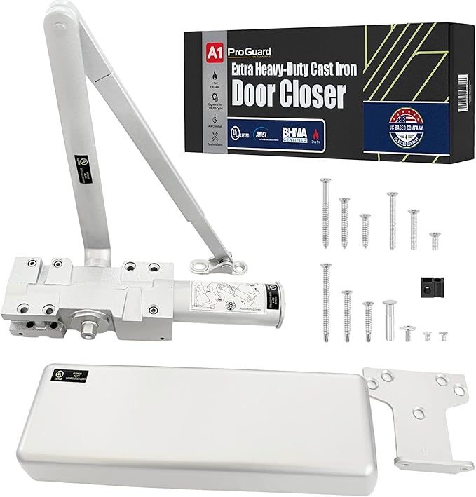 A1 ProGuard Extra Heavy Duty Auto Door Closer Commercial UL Grade 1 - Cast Iron Adjustable 6-Speed Delayed-Action Hydraulic Closer, Self-Closing, ADA Compliant.