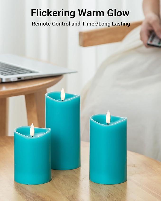 Teal Flameless Candles with Remote Timer, Real Wax Made LED Pillar Candles Battery Operated with 3D Flickering Flame, Teal Bathroom Accessories, Turquoise Set of 3 (3" x 4",5",6")