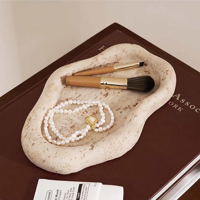 Cloud-Shaped Resin Jewelry Tray, Beige Travertine Vanity Tray for Bathroom Countertop, Trinket Candle Dish, Perfume Holder, Decorative Ottoman Tray for Home Decor Coffee Table Dresser