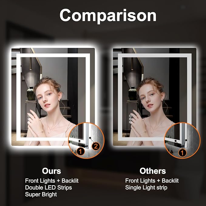 LED Mirror for Bathroom 30x36 Lighted Bathroom Vanity Mirrors with Lights, Brighter Frontlit and Backlit Anti-Fog Mirror, Tempered Glass, Dimmable 3 Colors Light Modes, Memory Function