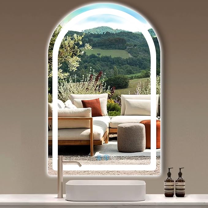 30 x 20 Inch LED Arch Mirror with Lights AntiFog 3 Color Adjustable Brightness Frontlits 30" Arched Lighted Vanity Mirror for Bathroom Wall Mounted Makeup Tabletop Smart Arch Light up Mirrors