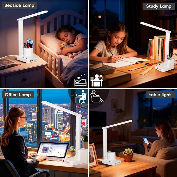 COZOO Dimmable Desk Table Lamp with Pen Holder/Organizer,Study LED Desk Lamp with USB Charging Port/Type C Port/Outlets/Storage Box/Touch,Kids Desk Reading Light for Students,Desk Lamp for Home Office