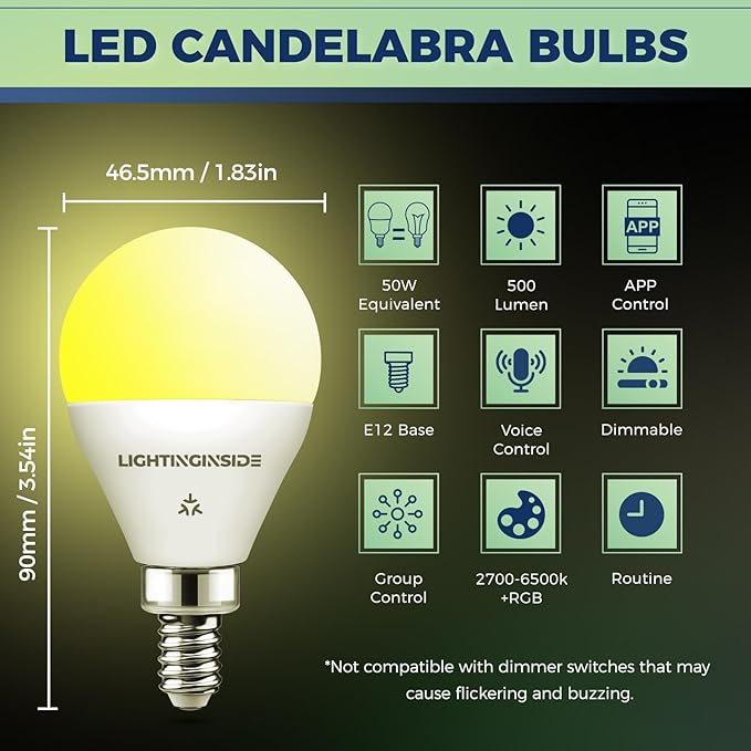 Lightinginside Matter E12 Smart Light Bulbs 50W Equivalent 5W 550LM, Compatible with Alexa/Siri/Apple Home/Google Home/SmartThings, G16.5 RGBCW Candelabra Ceiling Fan Bulb, 2.4G WiFi, ETL Listed, 2PCS