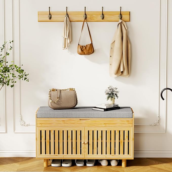 Shoe Storage Bench Coat Rack Set, 35.4" Bamboo Shoes Bench with Lift Top Hidden Storage & Wall Hooks, Hall Tree Entryway Bench with Seat Cushion, 2-Tier Shoe Cabinet for Entryway, Living Room, Bedroom