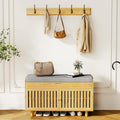 Shoe Storage Bench Coat Rack Set, 35.4" Bamboo Shoes Bench with Lift Top Hidden Storage & Wall Hooks, Hall Tree Entryway Bench with Seat Cushion, 2-Tier Shoe Cabinet for Entryway, Living Room, Bedroom