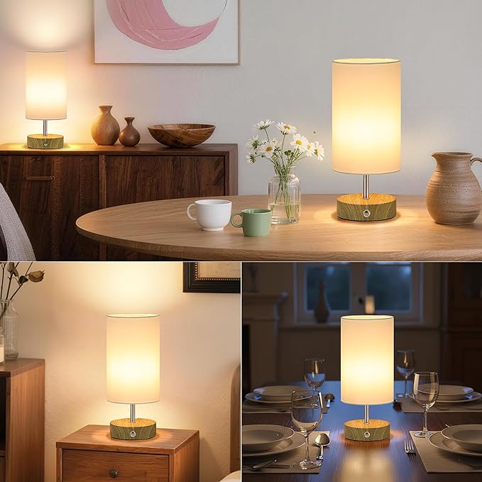 TOBUSA Cordless Table Lamp, Rechargeable 6000mAh Battery Operated Bedside Lamp, Portable Touch LED Desk Lamp Dimmable, Wireless Lamp with Wood-Grain Base, Modern Night Light for Bedroom, Bulb Included