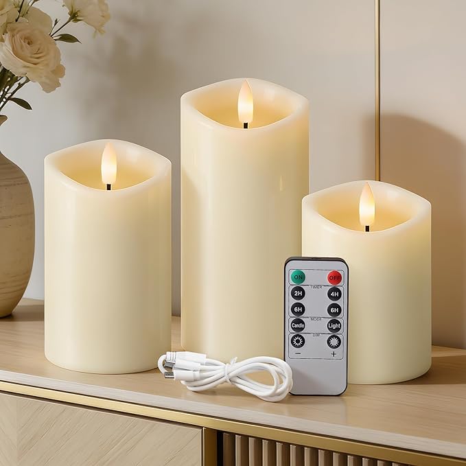 Rechargeable Flickering Flameless Candles Melted Edge Battery Operated with Remote and Timer, Real Wax LED USB Type-C Pillar Candles, Set of 3 (3" x 4",5",6"), Ivory,Spring Home Decor