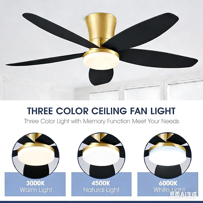 42" Ceiling Fans with Lights-Low Profile Ceiling Fan with Light and Remote/APP Control,Flush Mount Gold Ceiling Fan with Reversible Black Blades
