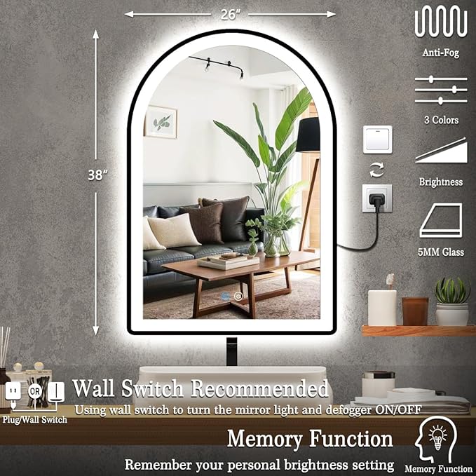 38 x 26 Inch Black LED Arch Mirror with Lights Black Frame Arched LED Vanity Mirror for Bathroom Wall Makeup Desk Black Framed Arch Lighted Mirror 3Color AntiFog 38" Arch Smart Light up Mirror