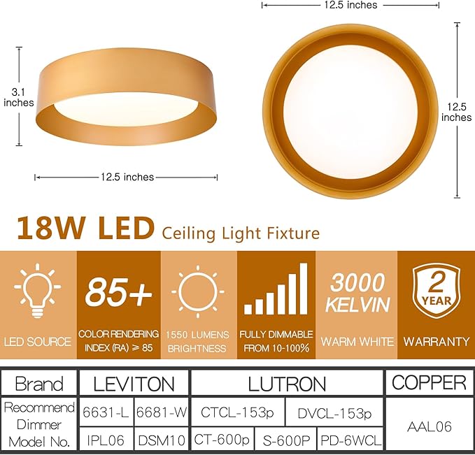 Bargeni Flush Mount Ceiling Light, 12.5 inch LED Ceiling Light Fixture, Polished Gold Finish, Dimmable/3000K/18W, Outdoor Flush Mount Lighting Fixture