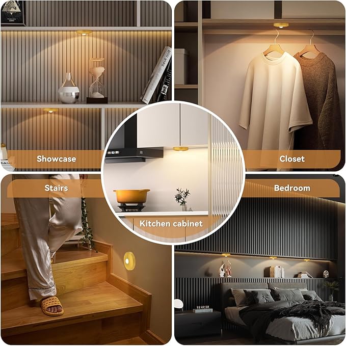Yiliaw Rechargeable Puck Lights with Remote, 3 Pack Magnetic Under Cabinet Lighting, 1500mAh Battery Operated LED Tap Lights with Dimmer & Timmer for Kitchen, Closet, Shelf - 3 Color Temps, Gold