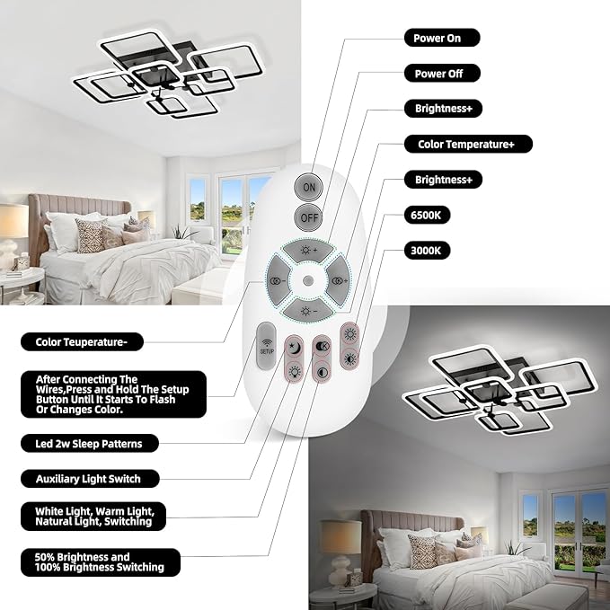 Dimmable Modern LED Ceiling Light 8-Square Black Flush Mount LED Ceiling Light with Remote for Living Room Bedroom Close to Ceiling Light Fixture