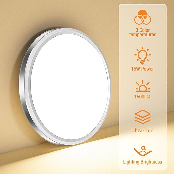 slochi LED Flush Mount Ceiling Light Fixture, 3000K-4000K-6500K & 100W Equivalent Modern Kitchen Recessed Ceiling Lamp 15W 1500Lm 7.5 Inch Closet Round Surface for Bathroom Laundry-Brushed Nickel