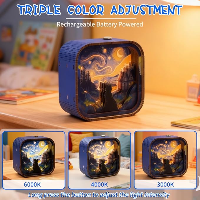 3D Wooden Puzzle Night Light DIY LED Art Lamp Kit for Adults Desk Decor Relaxing Craft Project Table Ornament and Unique Gift (Starry Cat)