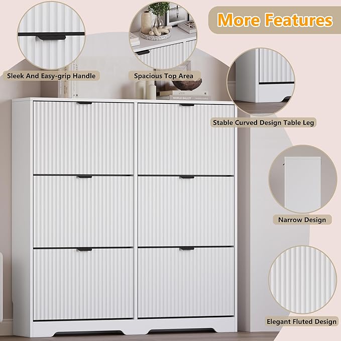 Large Shoe Cabinet for Entryway, Tall Narrow Shoe Storage Cabinet with 6 Flip Drawers and Adjustable Shelves, Shoe Rack Cabinet Organizer for Hallway, Foyer, Small Apartment