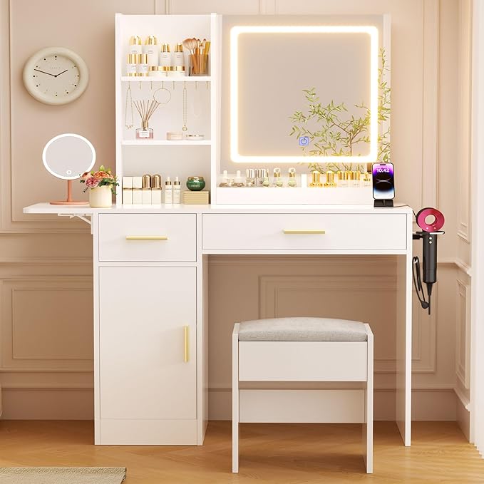 Vanity Desk with Mirror and Lights & Extral Foldable Desk, 31.5" & 39.3" Makeup Vanity Table with 4 Drawers and 3 Open Shelves, Dressing Table for Bedroom, White
