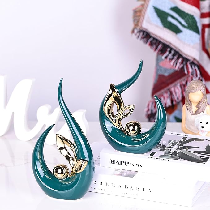 XMGZQ Teal Gold Ceramic Statues for Home Décor Accents,Abstract Art Mid Century Modern Decor,Elegante Centerpiece Table Decorations,Green Sculpture for Entryway,Bookshelf,Tv Stand,Mantel,Coffee Table