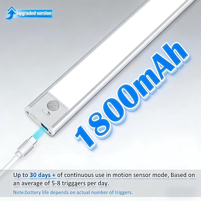 Magnetic Under Cabinet lighting 2 Pack, 12" Rechargeable - 3 Color Dimmable LED, Ultra Slim 1800 Battery Powered Motion Sensor light indoor Punch-free Smart Sensor Magnetic Rechargeable Led Light