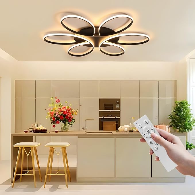 Modern LED Ceiling Light Fixture Black Flush Mount Ceiling Lamp with Remote Control Dimmable 6 Rings Flower Shaped Ideal for Living Room Bedroom Dining Room Kitchen(60CM/23.6IN)