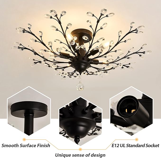CVKASH 5 - Light Vintage Small Crystal Chandelier Modern Semi Flush Mount Ceiling Light Fixture Chandelier Lighting for Kitchen Bedroom Living Room Dining Room Hallway Foyer（Black）