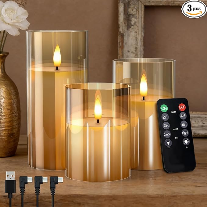 Rechargeable Flameless LED Gold Glass Candles–Luminous Real Wax Indoor Home Decor–Set of 3, Realistic Flickering LED Flame,Remote & Timer,Ideal for Living Room, Bedroom & Festival Décor